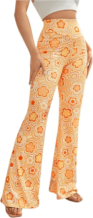 OYOANGLE Women's Floral Print High Waist Yoga Pants Wide Leg Pants Bell Bottom Trousers