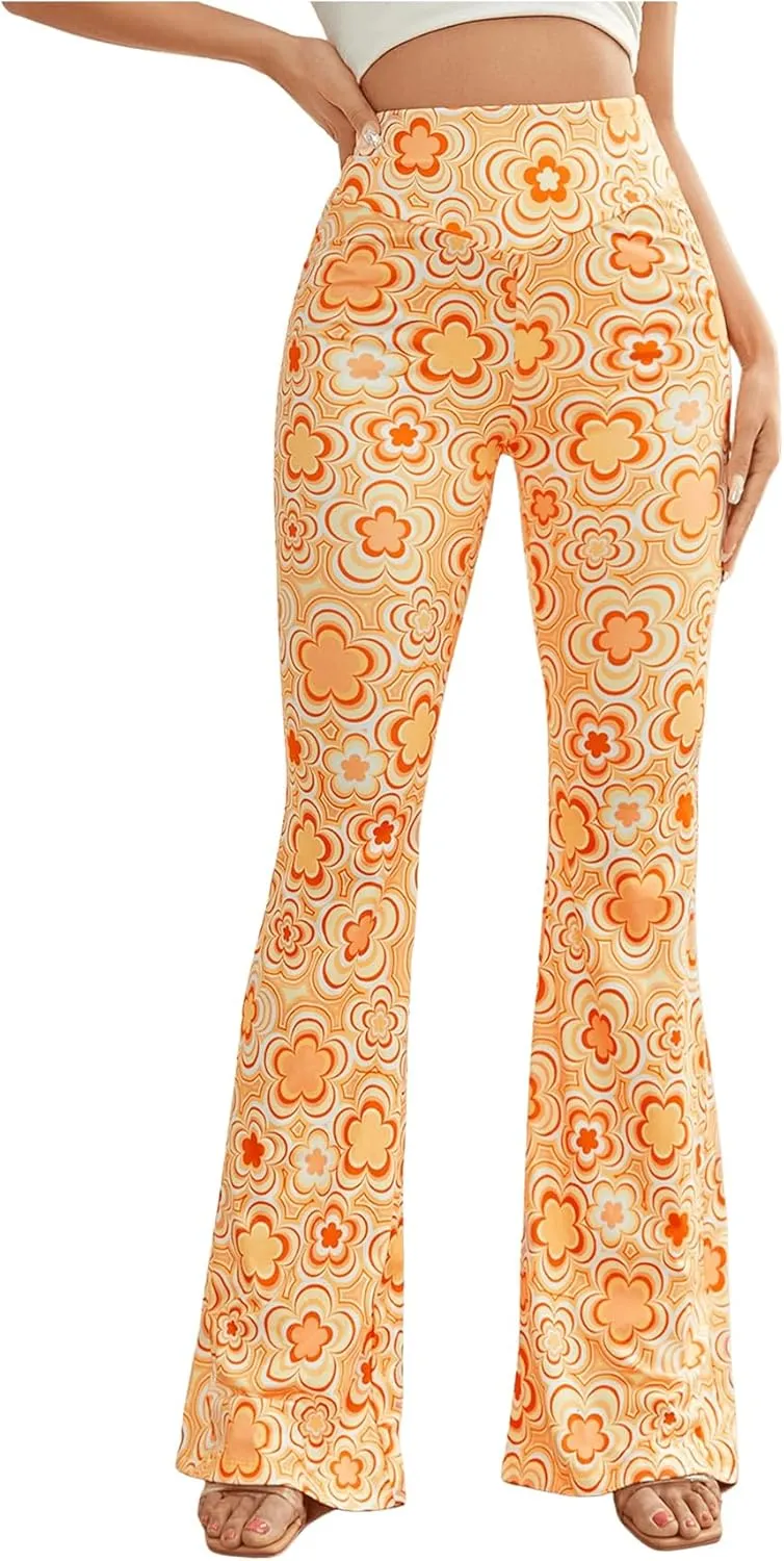 OYOANGLE Women's Floral Print High Waist Yoga Pants Wide Leg Pants Bell Bottom Trousers