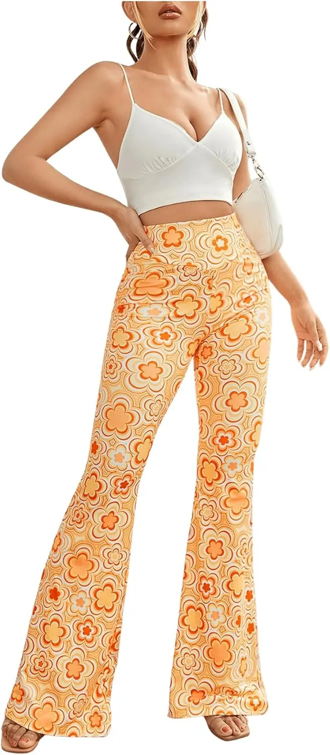 OYOANGLE Women's Floral Print High Waist Yoga Pants Wide Leg Pants Bell Bottom Trousers