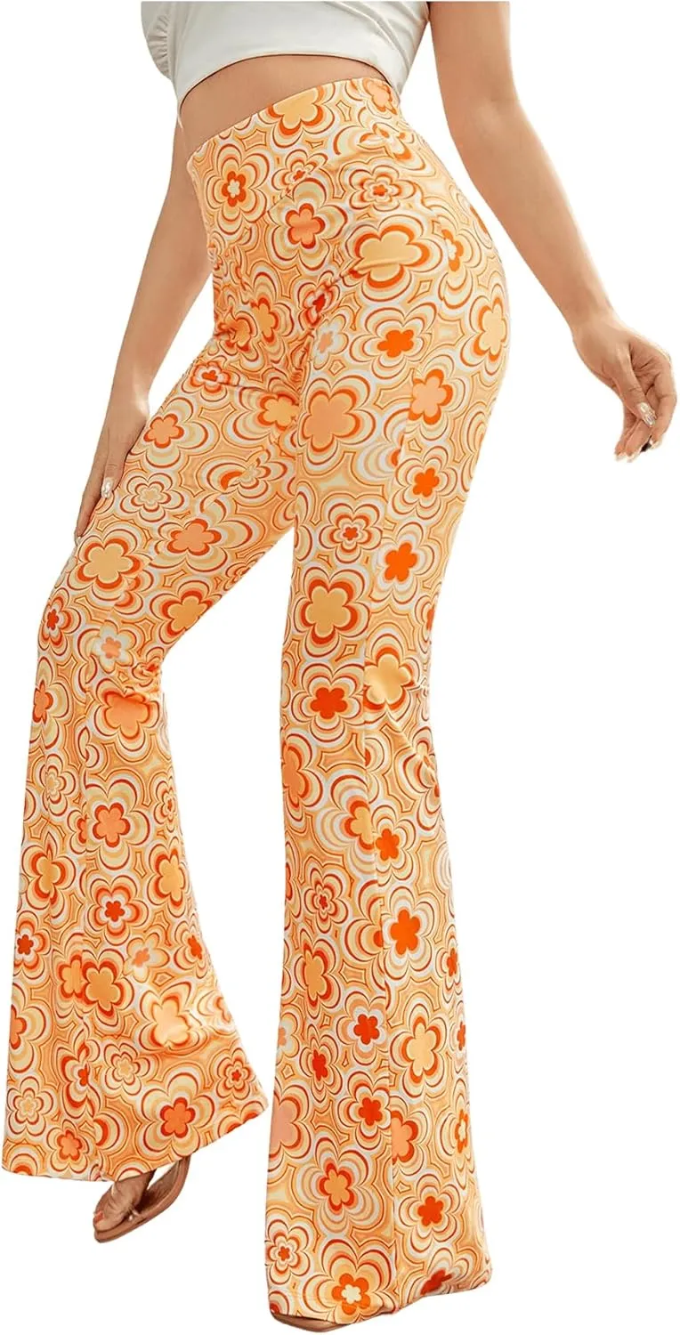 OYOANGLE Women's Floral Print High Waist Yoga Pants Wide Leg Pants Bell Bottom Trousers
