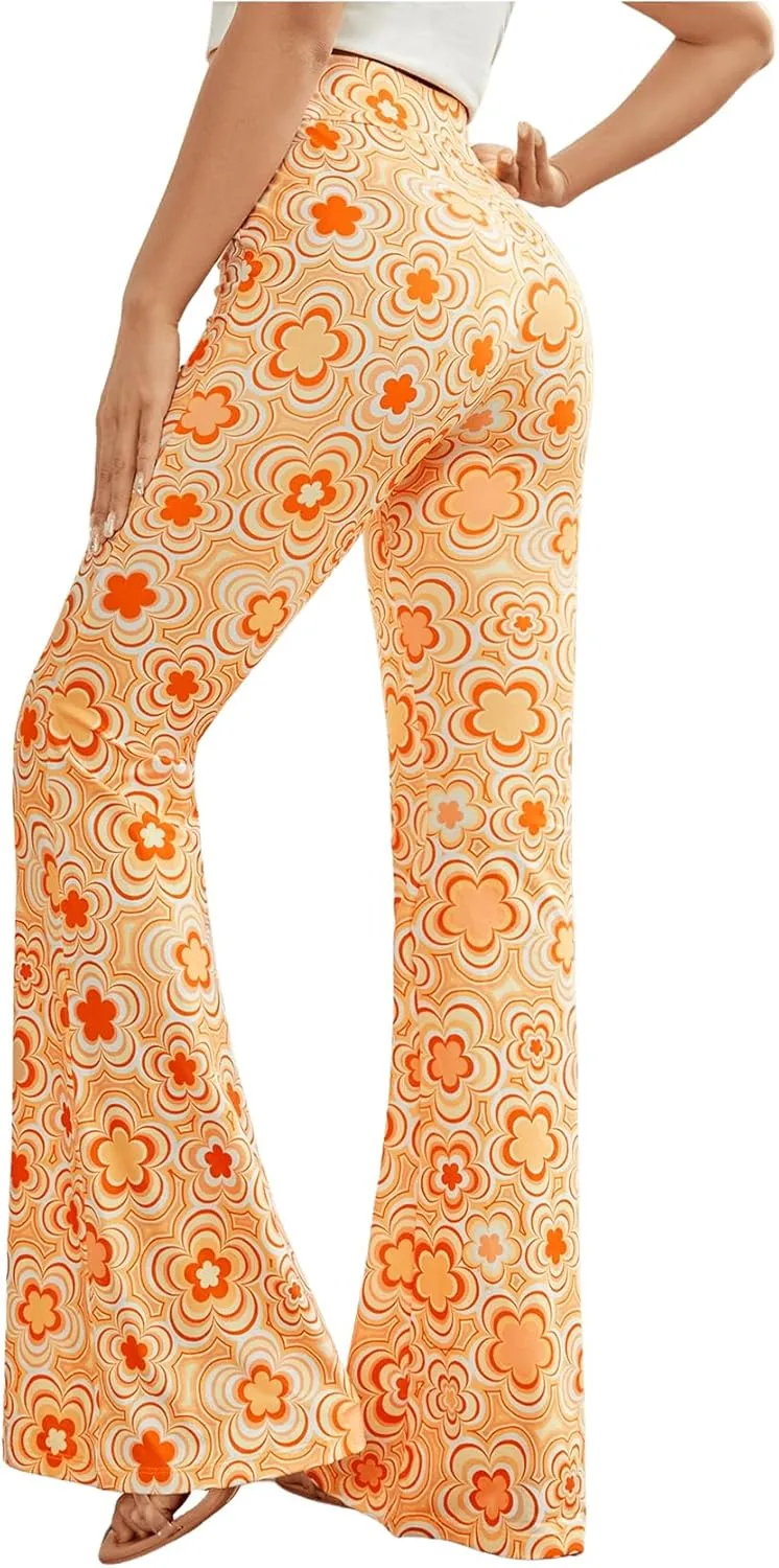 OYOANGLE Women's Floral Print High Waist Yoga Pants Wide Leg Pants Bell Bottom Trousers