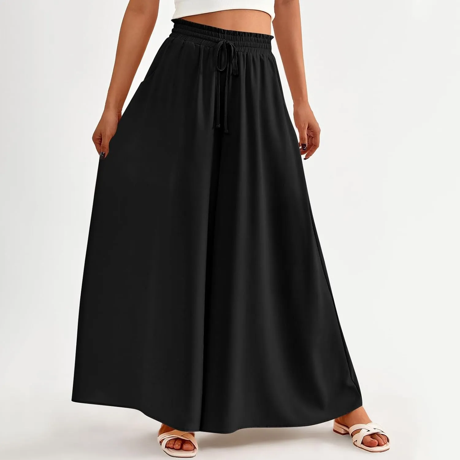 Palazzo Pants for Women High Waisted Flowy Wide Leg Pants Summer Trendy Casual Loose Boho Beach Trousers with Pockets