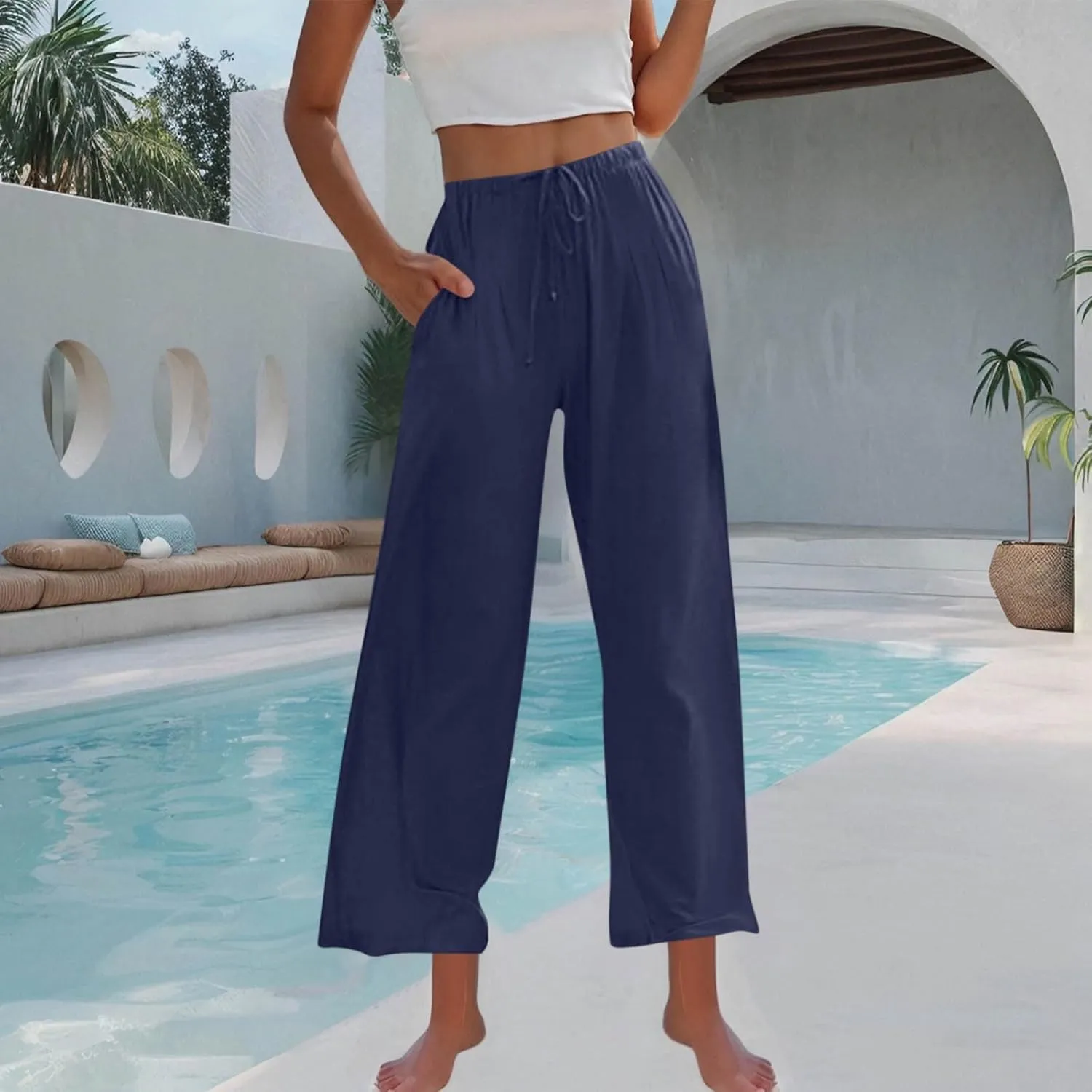 Palazzo Pants Womens High Waisted Straight Wide Leg Linen Trousers Lightweight Drawstring Elastic Flowy Summer Outfits