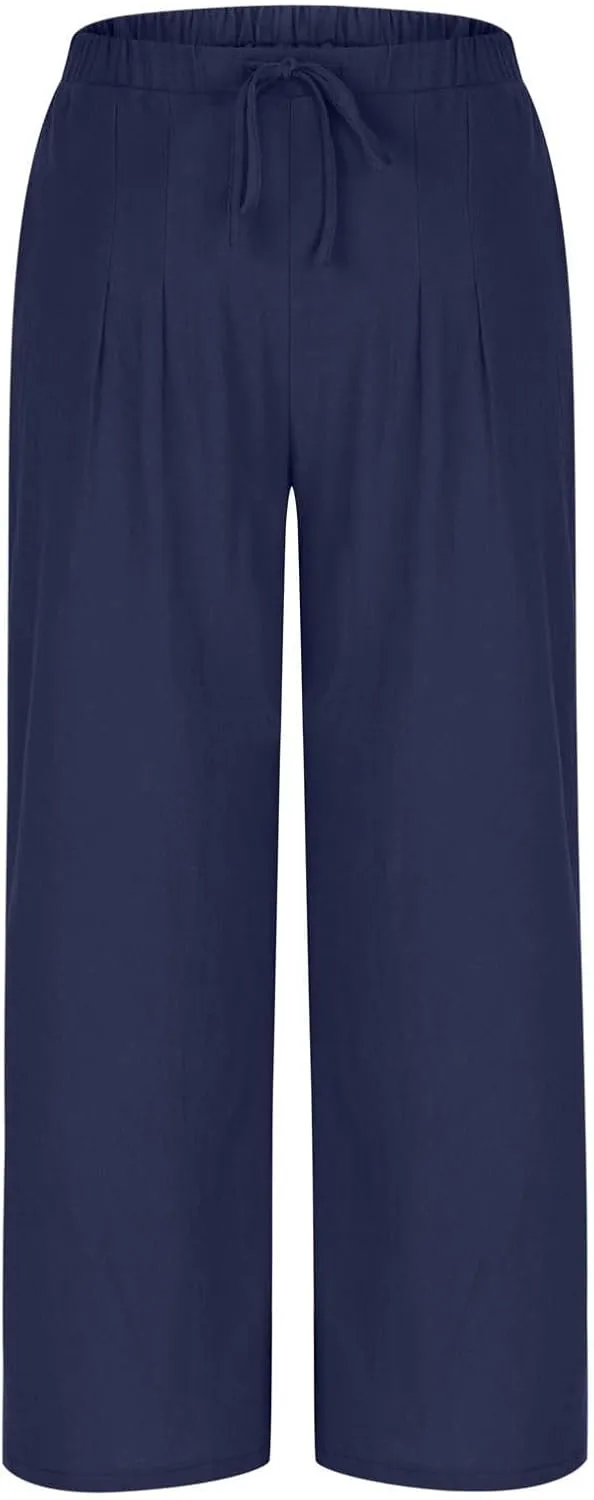 Palazzo Pants Womens High Waisted Straight Wide Leg Linen Trousers Lightweight Drawstring Elastic Flowy Summer Outfits