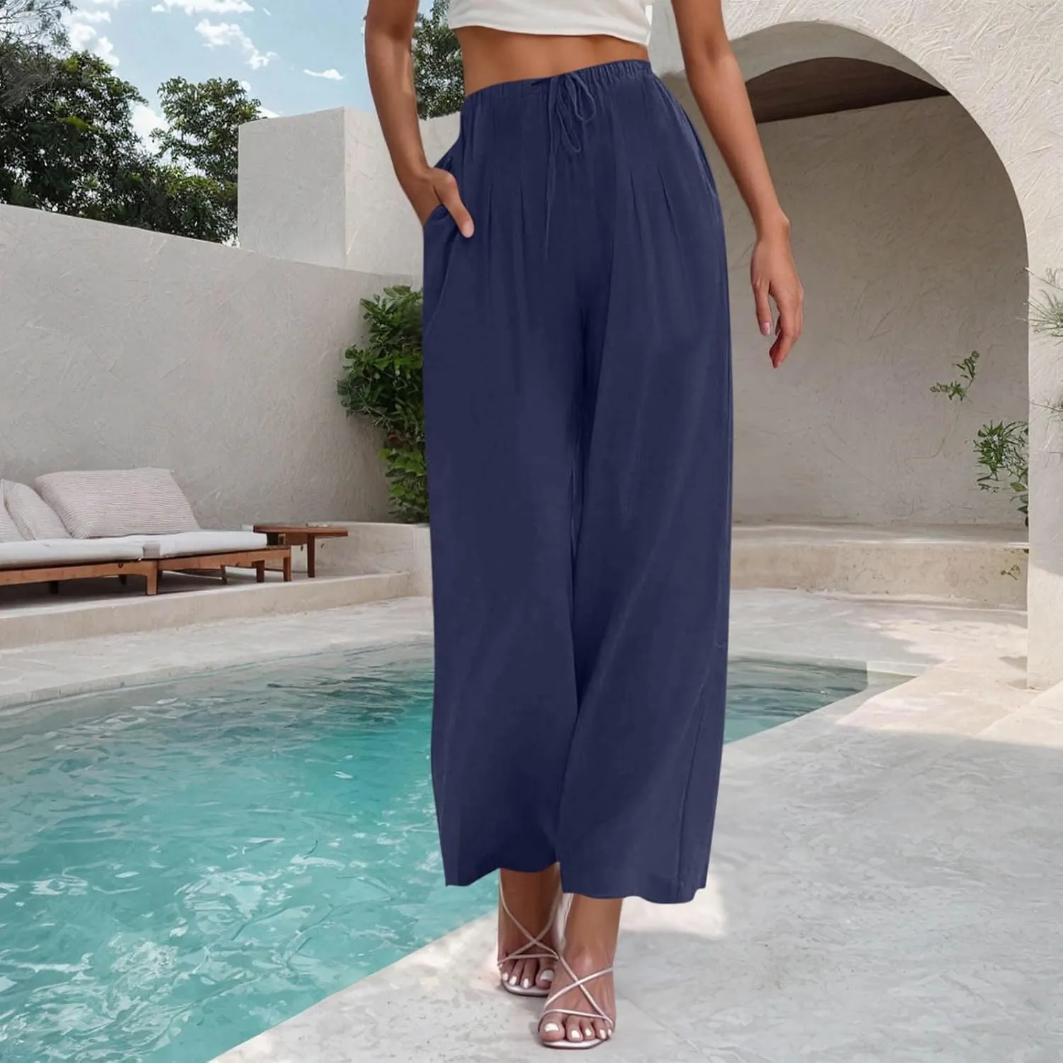 Palazzo Pants Womens High Waisted Straight Wide Leg Linen Trousers Lightweight Drawstring Elastic Flowy Summer Outfits