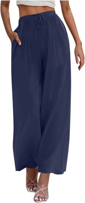 Palazzo Pants Womens High Waisted Straight Wide Leg Linen Trousers Lightweight Drawstring Elastic Flowy Summer Outfits