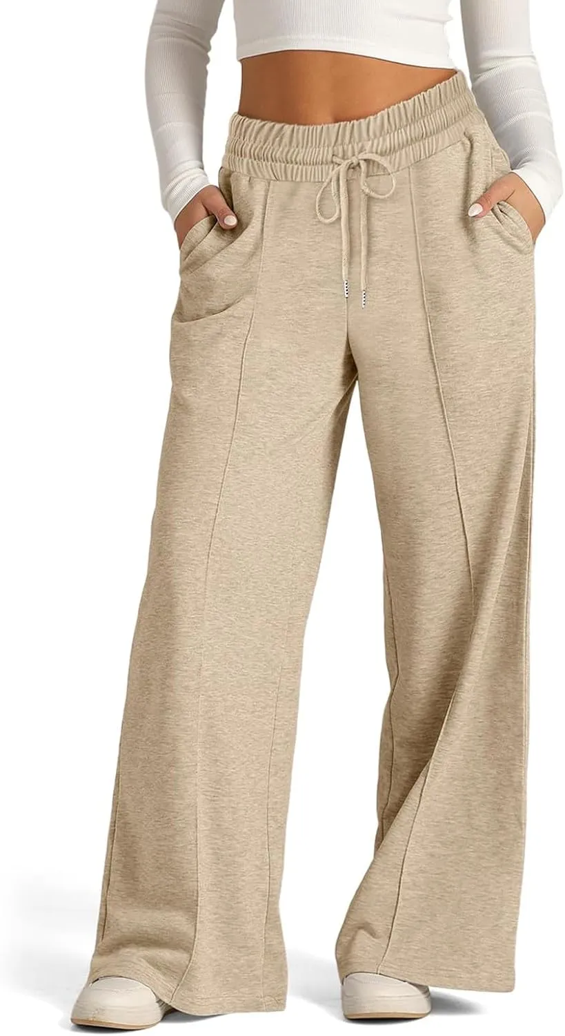Pants for Women Elastic High Waisted Stretchy Womens Sweatpants with Pockets Straight Wide Leg Pants Cotton Linen