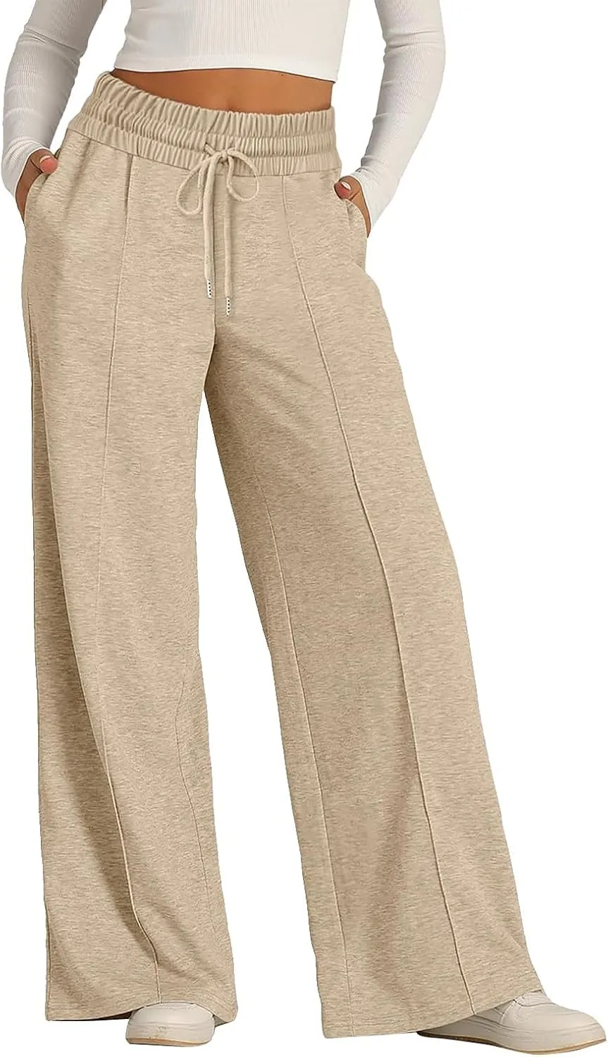 Pants for Women Elastic High Waisted Stretchy Womens Sweatpants with Pockets Straight Wide Leg Pants Cotton Linen