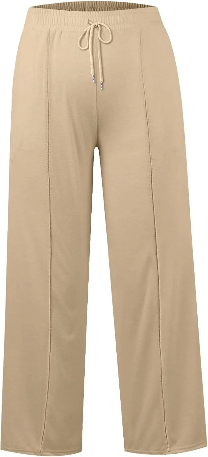 Pants for Women Elastic High Waisted Stretchy Womens Sweatpants with Pockets Straight Wide Leg Pants Cotton Linen