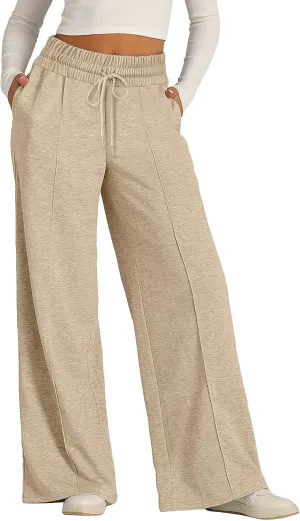 Pants for Women Elastic High Waisted Stretchy Womens Sweatpants with Pockets Straight Wide Leg Pants Cotton Linen