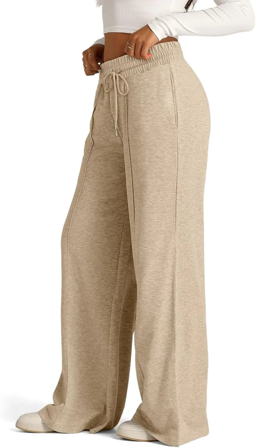 Pants for Women Elastic High Waisted Stretchy Womens Sweatpants with Pockets Straight Wide Leg Pants Cotton Linen