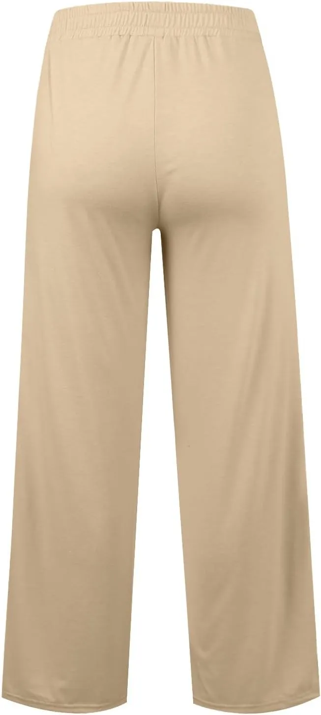 Pants for Women Elastic High Waisted Stretchy Womens Sweatpants with Pockets Straight Wide Leg Pants Cotton Linen