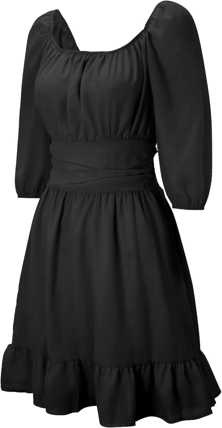 Party Dresses for Women Off Shoulder Ruffle Short Sleeve Mini Dress Tie Back Flowy A-Line Summer Casual Sundress