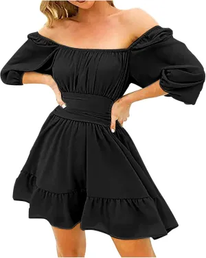 Party Dresses for Women Off Shoulder Ruffle Short Sleeve Mini Dress Tie Back Flowy A-Line Summer Casual Sundress