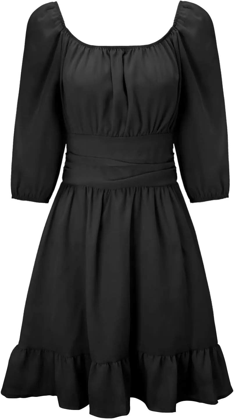 Party Dresses for Women Off Shoulder Ruffle Short Sleeve Mini Dress Tie Back Flowy A-Line Summer Casual Sundress