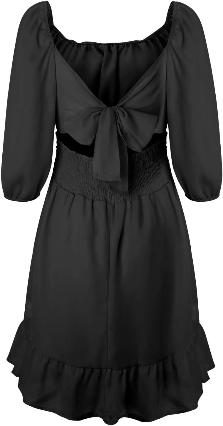Party Dresses for Women Off Shoulder Ruffle Short Sleeve Mini Dress Tie Back Flowy A-Line Summer Casual Sundress