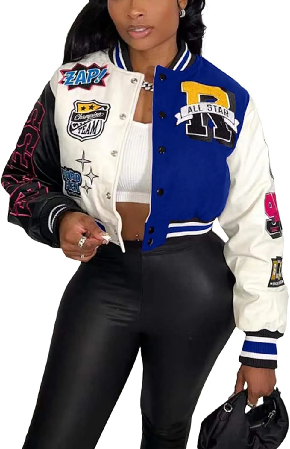 Perbai Women's Cropped Varsity Jacket Colorblock Letter Print Button Down Letterman Bomber Coat with Pockets Y2K Streetwear
