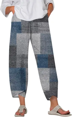Petite Linen Pants Summer Wide Leg Hight Waisted Capri Pants Cotton Linen Comfy Cropped Palazzo Trousers with Pockets