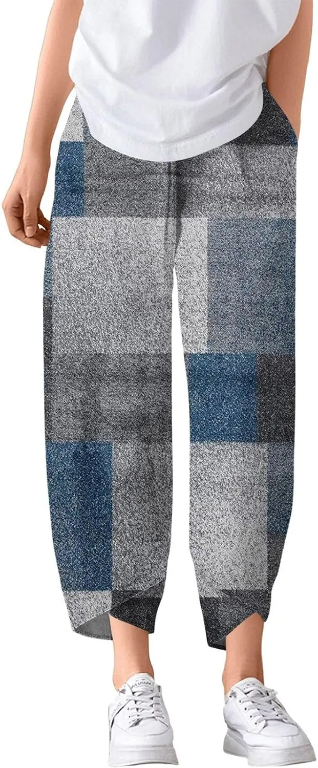 Petite Linen Pants Summer Wide Leg Hight Waisted Capri Pants Cotton Linen Comfy Cropped Palazzo Trousers with Pockets