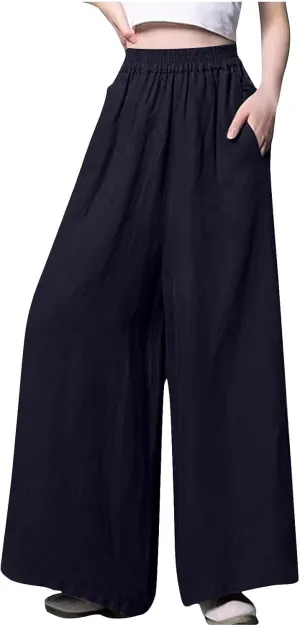 Plus Size Cotton Linen Pants for Women Wide Leg Palazzo Pants Elastic High Waist Flowy Trouser with Pocket