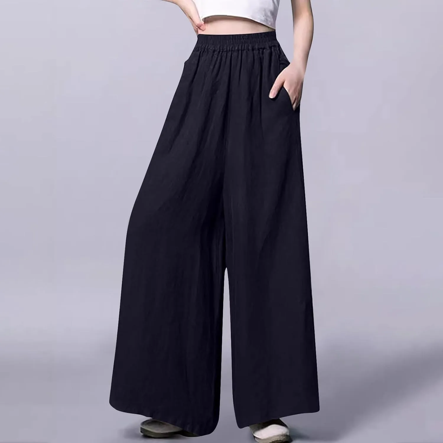 Plus Size Cotton Linen Pants for Women Wide Leg Palazzo Pants Elastic High Waist Flowy Trouser with Pocket