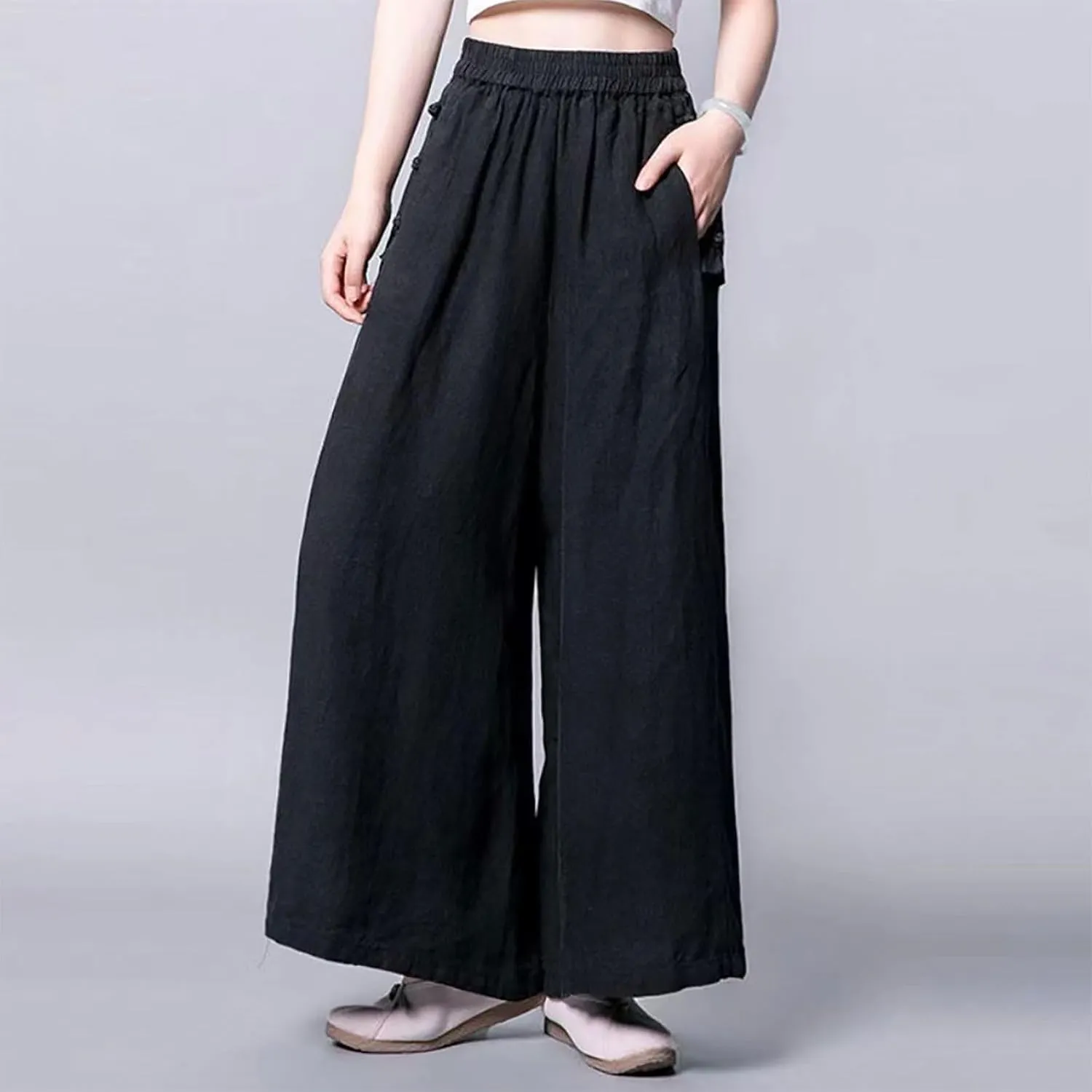 Plus Size Cotton Linen Pants for Women Wide Leg Palazzo Pants Elastic High Waist Flowy Trouser with Pocket