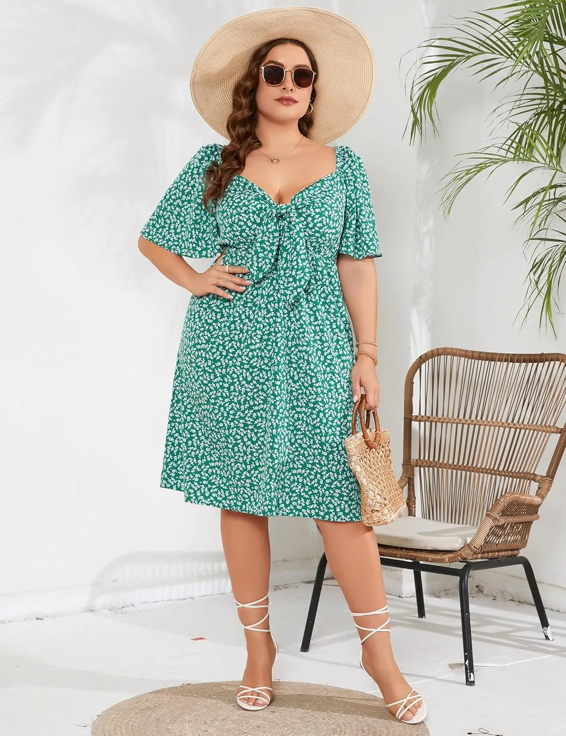 Plus Size Dress Women's V Neck Front Knotted Wrap A-Line Dress Plus Size Knee Length Midi Swing Dress for Curvy Women