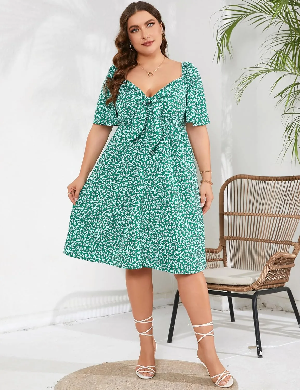 Plus Size Dress Women's V Neck Front Knotted Wrap A-Line Dress Plus Size Knee Length Midi Swing Dress for Curvy Women