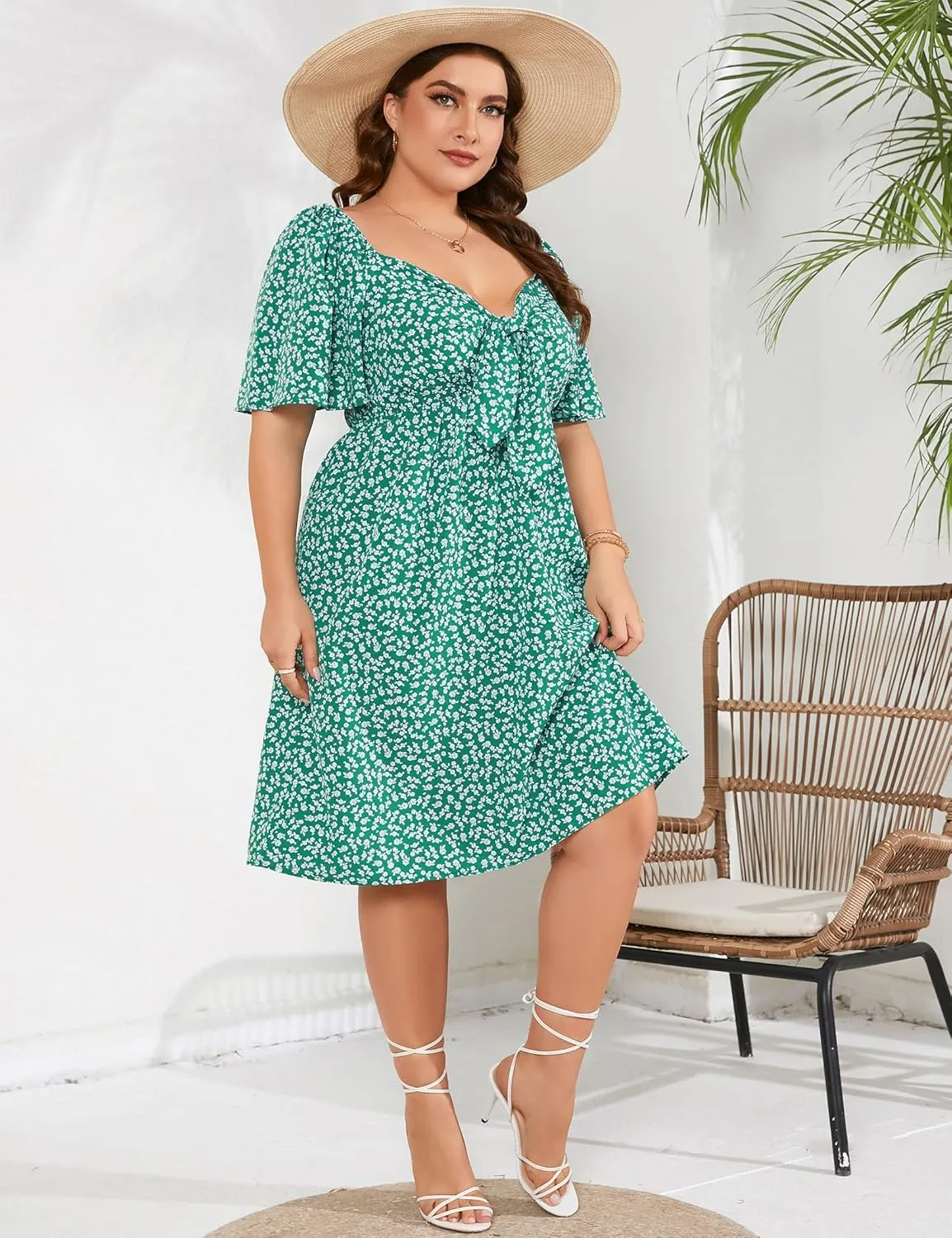 Plus Size Dress Women's V Neck Front Knotted Wrap A-Line Dress Plus Size Knee Length Midi Swing Dress for Curvy Women