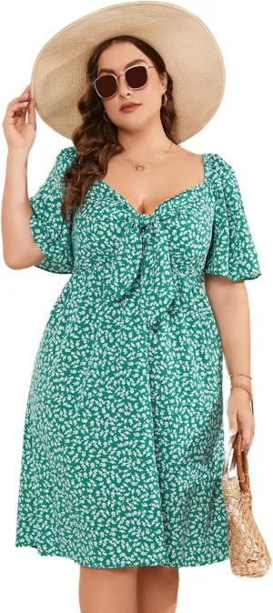 Plus Size Dress Women's V Neck Front Knotted Wrap A-Line Dress Plus Size Knee Length Midi Swing Dress for Curvy Women
