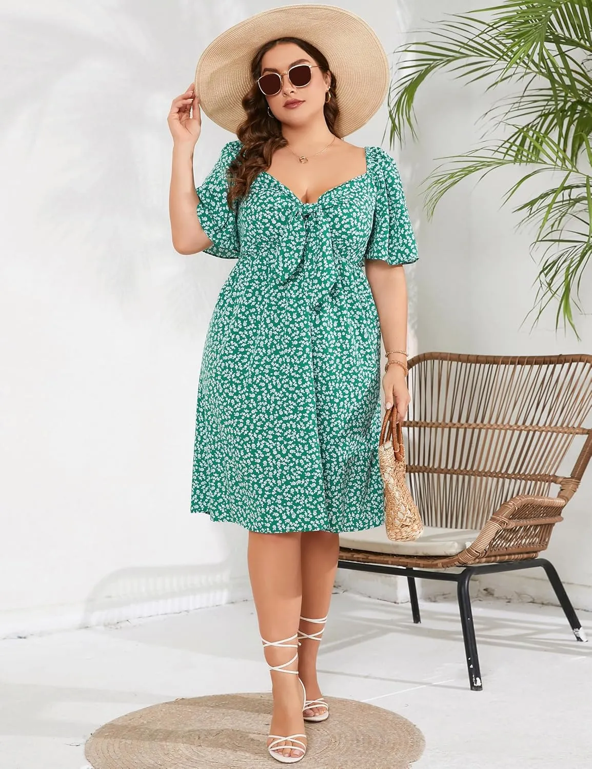 Plus Size Dress Women's V Neck Front Knotted Wrap A-Line Dress Plus Size Knee Length Midi Swing Dress for Curvy Women