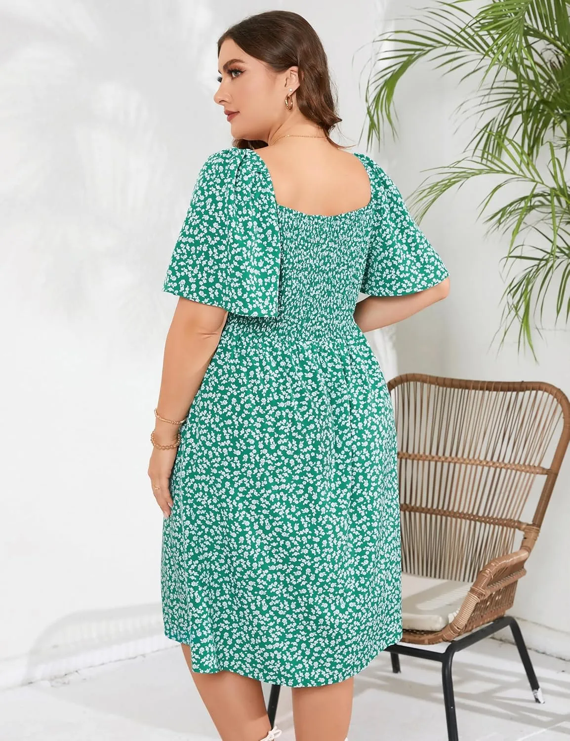 Plus Size Dress Women's V Neck Front Knotted Wrap A-Line Dress Plus Size Knee Length Midi Swing Dress for Curvy Women