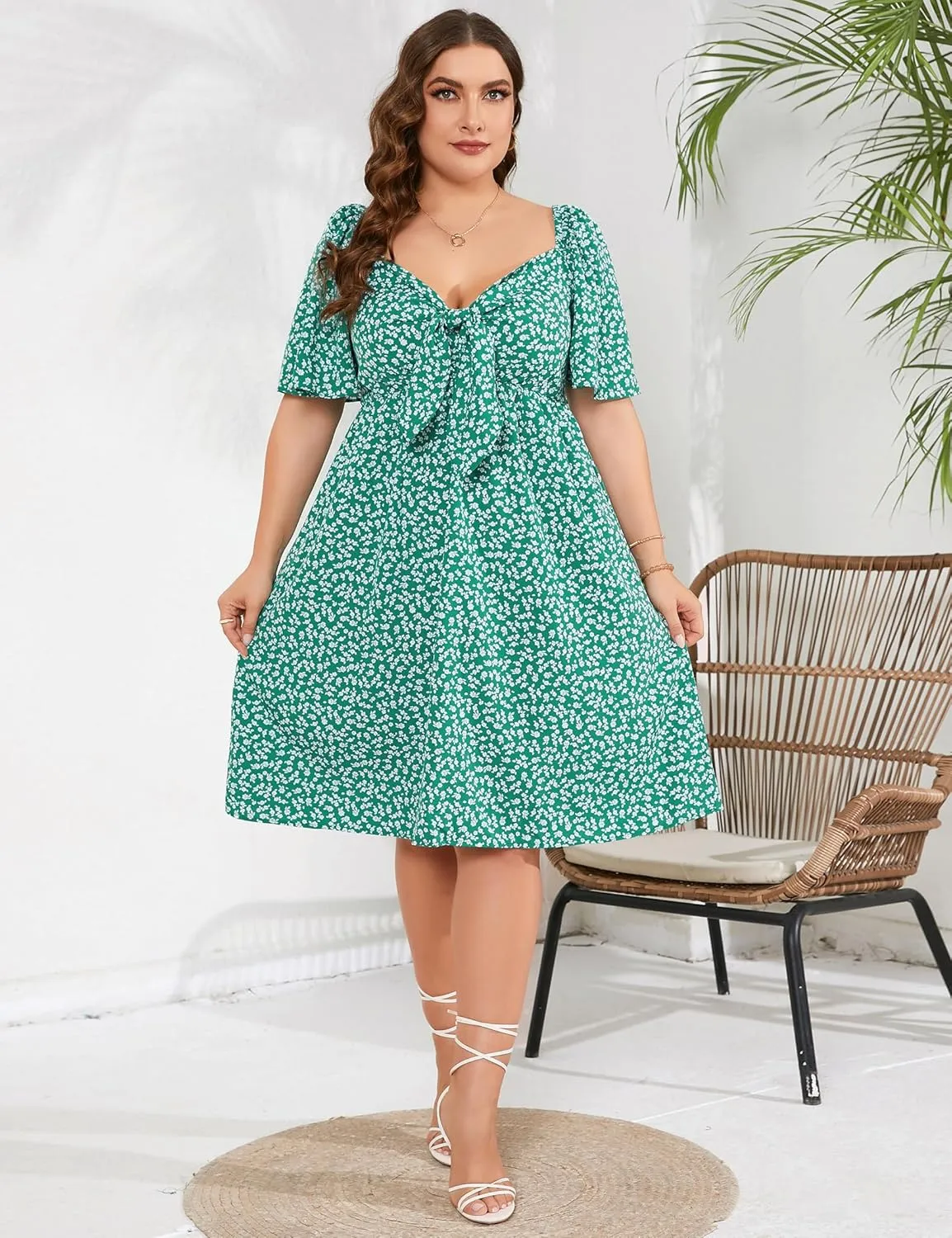 Plus Size Dress Women's V Neck Front Knotted Wrap A-Line Dress Plus Size Knee Length Midi Swing Dress for Curvy Women