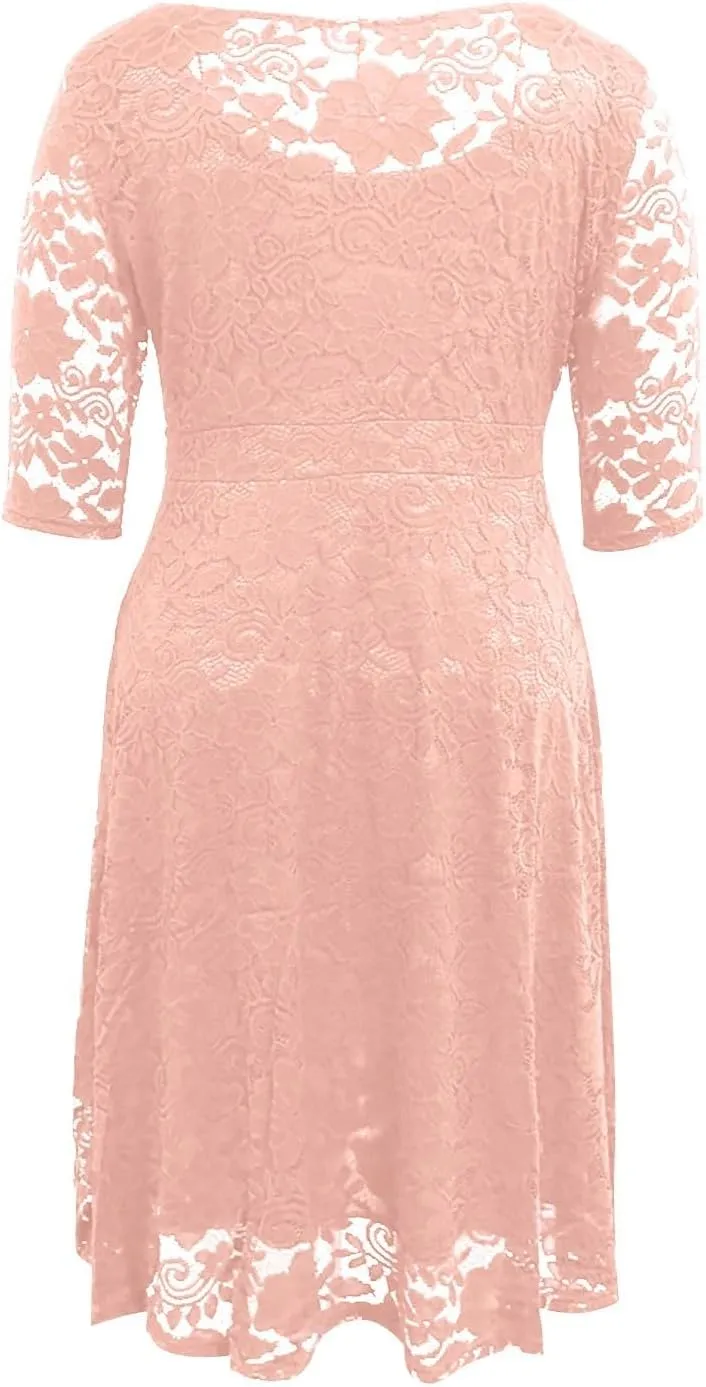Plus Size Dresses for Curvy Women,2025 Elegant Lace Patchwork Cocktail Dress,Crewneck 3/4 Sleeve Midi Party Dress