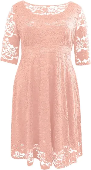 Plus Size Dresses for Curvy Women,2025 Elegant Lace Patchwork Cocktail Dress,Crewneck 3/4 Sleeve Midi Party Dress