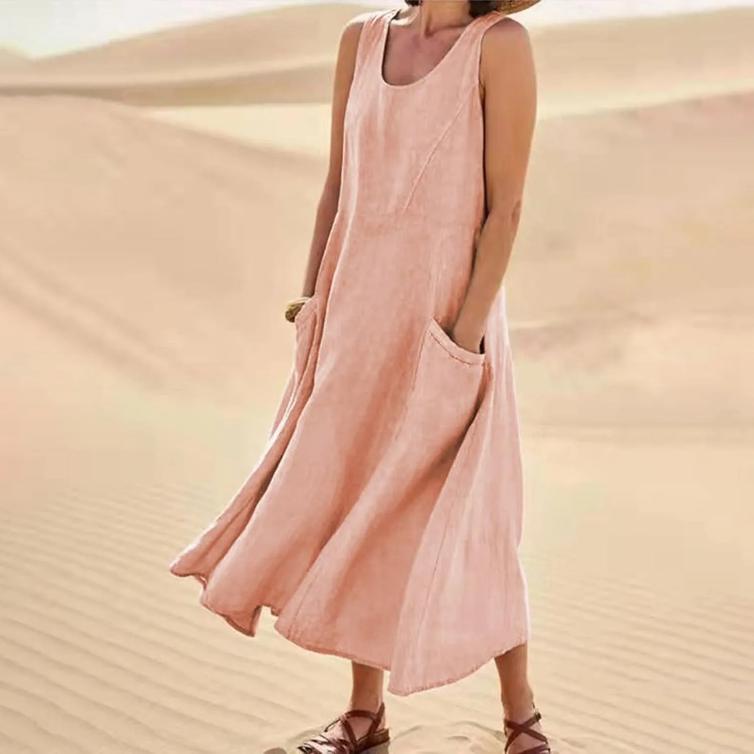 Plus Size Sun Dresses for Curvy Women Linen Dress Sleeveless Cotton Linen Sundress Pocket