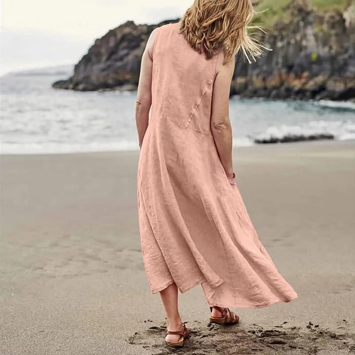Plus Size Sun Dresses for Curvy Women Linen Dress Sleeveless Cotton Linen Sundress Pocket