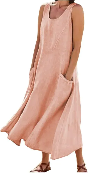Plus Size Sun Dresses for Curvy Women Linen Dress Sleeveless Cotton Linen Sundress Pocket