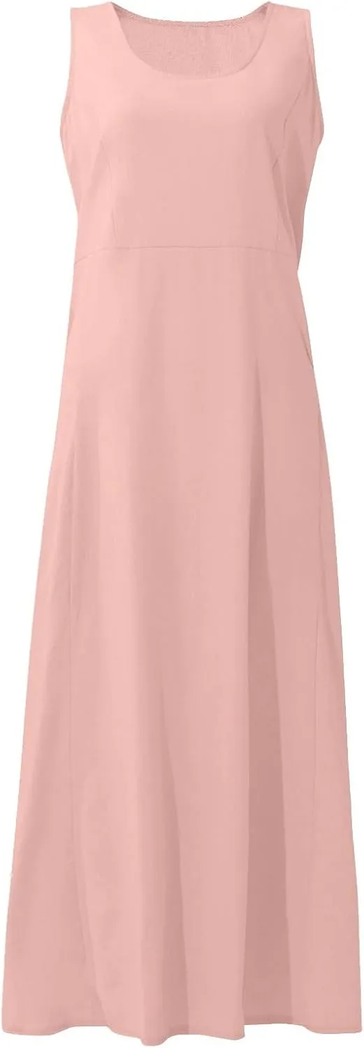 Plus Size Sun Dresses for Curvy Women Linen Dress Sleeveless Cotton Linen Sundress Pocket