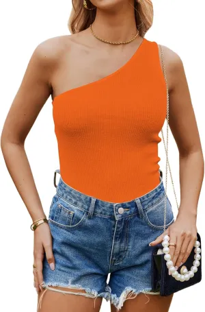 Poetsky Womens One Shoulder Tank Tops Summer Sleeveless Ribbed Knit Shirts Slim Fitted Tee Blouses