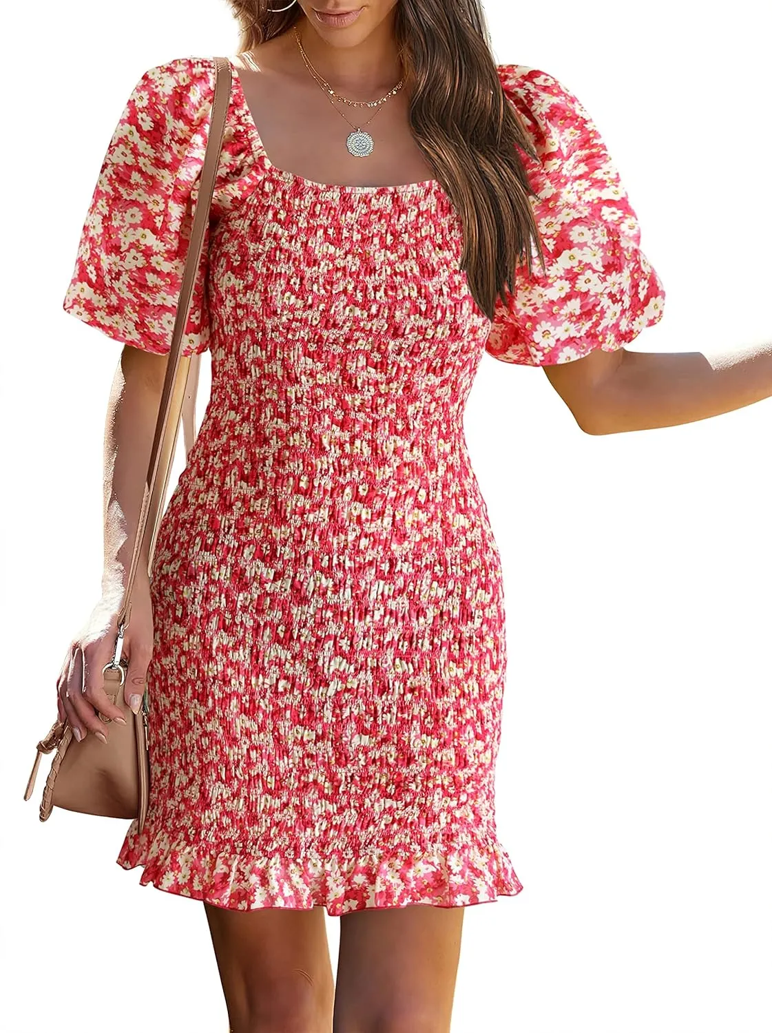 PRETTYGARDEN Women's 2025 Summer Floral Puff Sleeve Mini Dress Square Neck Ruffle Hem Bodycon Dresses Smocked Dress Women