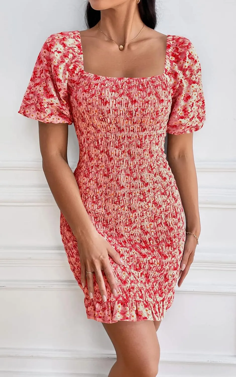 PRETTYGARDEN Women's 2025 Summer Floral Puff Sleeve Mini Dress Square Neck Ruffle Hem Bodycon Dresses Smocked Dress Women