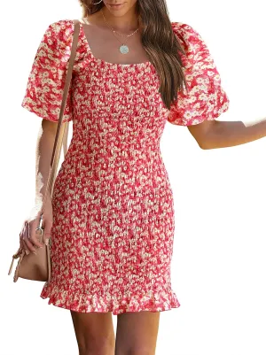 PRETTYGARDEN Women's 2025 Summer Floral Puff Sleeve Mini Dress Square Neck Ruffle Hem Bodycon Dresses Smocked Dress Women