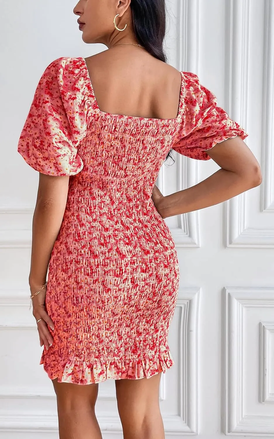 PRETTYGARDEN Women's 2025 Summer Floral Puff Sleeve Mini Dress Square Neck Ruffle Hem Bodycon Dresses Smocked Dress Women