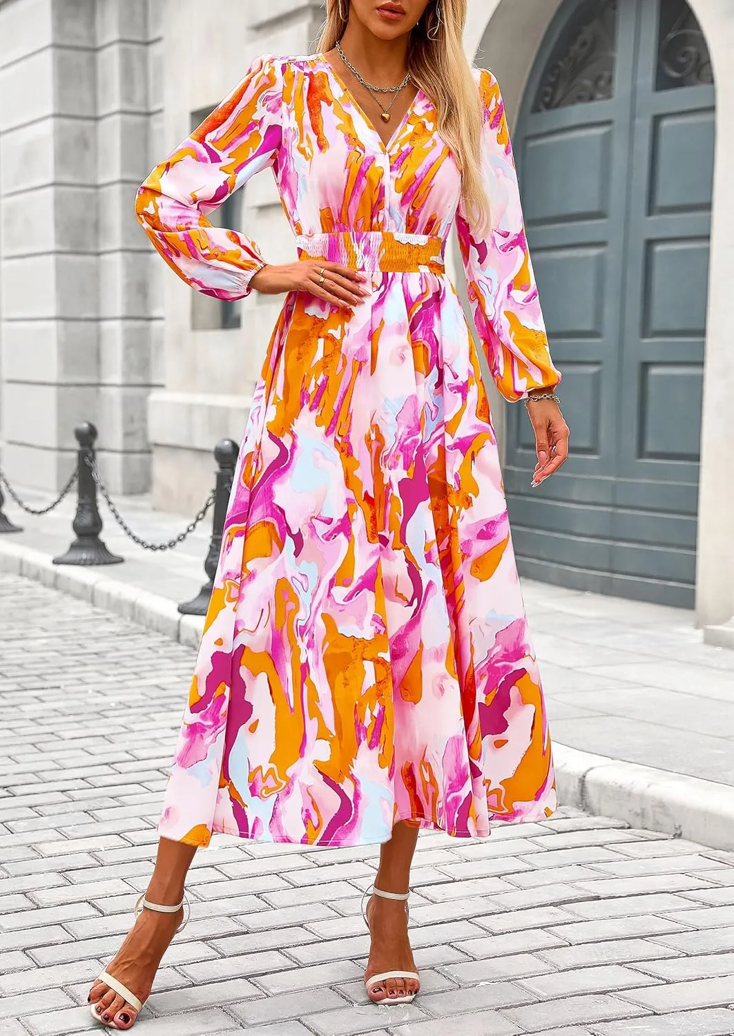 PRETTYGARDEN Women's Spring Floral Midi Dress Fall Long Sleeve V Neck Flowy Casual Beach Vacation Wedding Guest Dresses