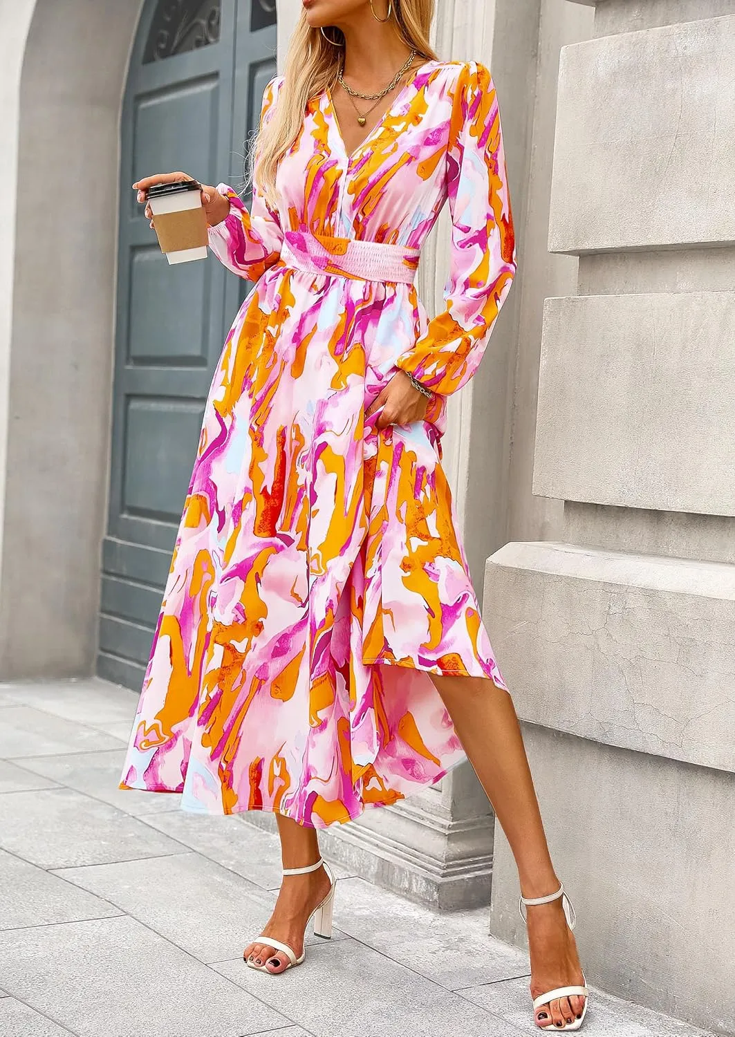 PRETTYGARDEN Women's Spring Floral Midi Dress Fall Long Sleeve V Neck Flowy Casual Beach Vacation Wedding Guest Dresses