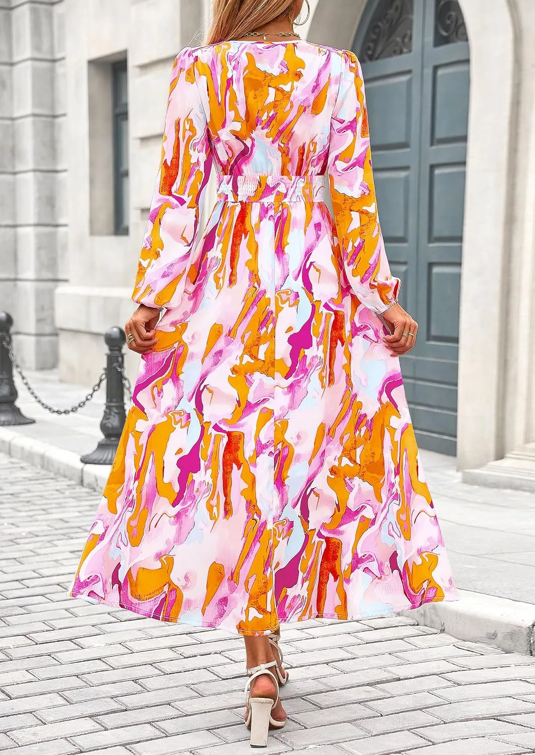 PRETTYGARDEN Women's Spring Floral Midi Dress Fall Long Sleeve V Neck Flowy Casual Beach Vacation Wedding Guest Dresses