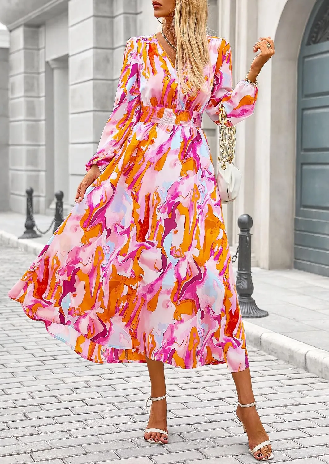 PRETTYGARDEN Women's Spring Floral Midi Dress Fall Long Sleeve V Neck Flowy Casual Beach Vacation Wedding Guest Dresses