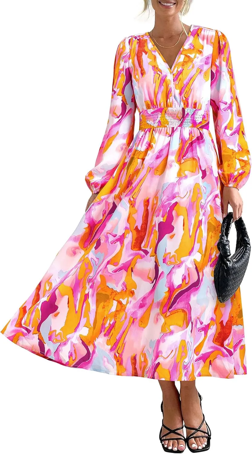 PRETTYGARDEN Women's Spring Floral Midi Dress Fall Long Sleeve V Neck Flowy Casual Beach Vacation Wedding Guest Dresses