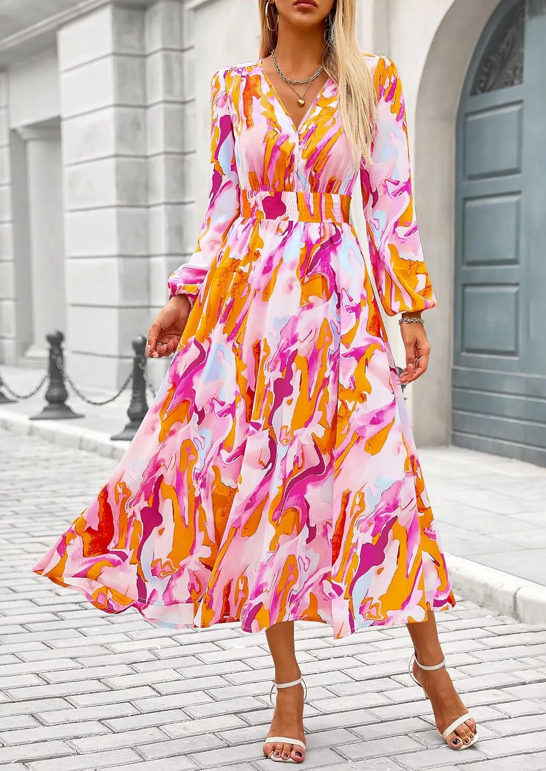 PRETTYGARDEN Women's Spring Floral Midi Dress Fall Long Sleeve V Neck Flowy Casual Beach Vacation Wedding Guest Dresses